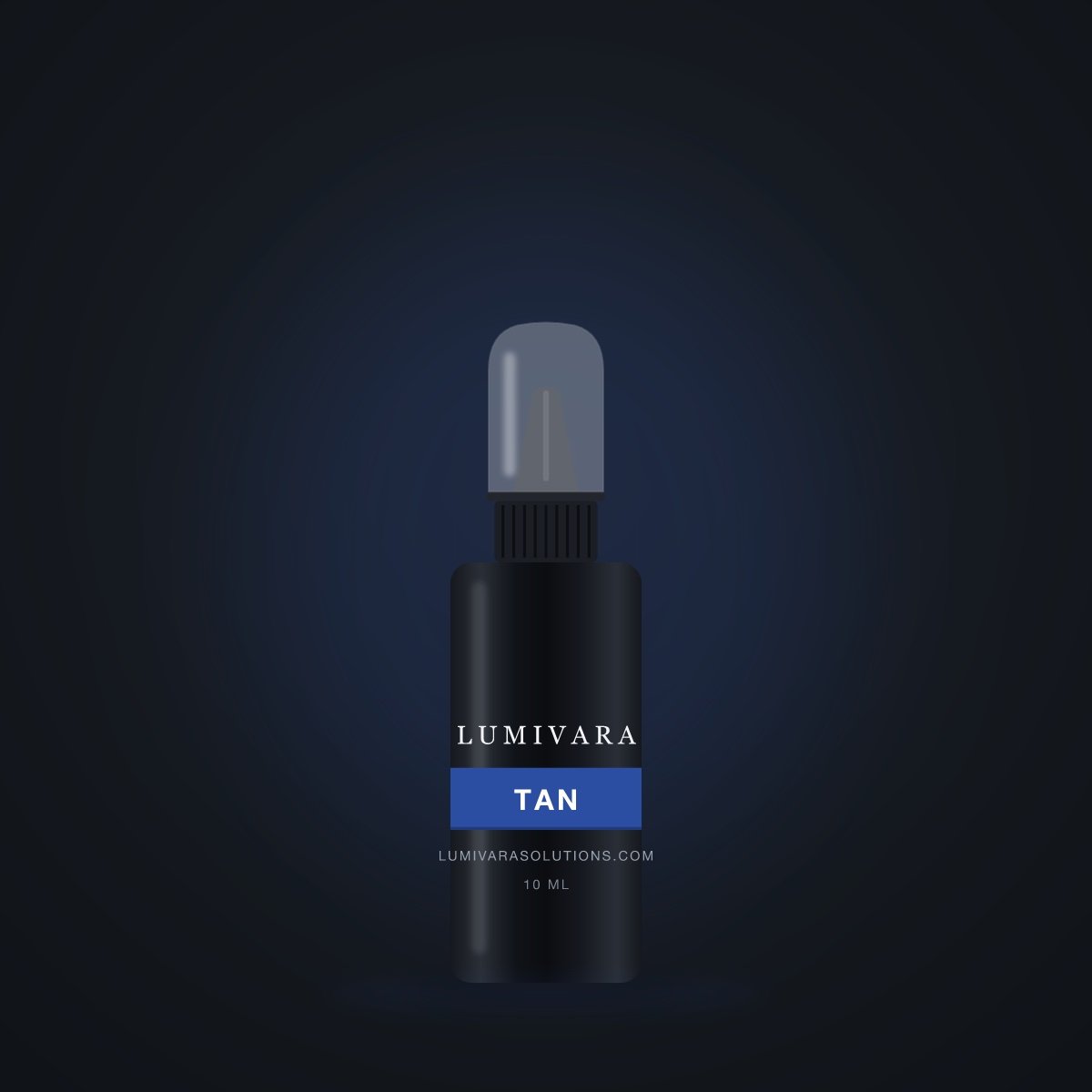 Black Lumivara spray bottle on dark background with blue glow