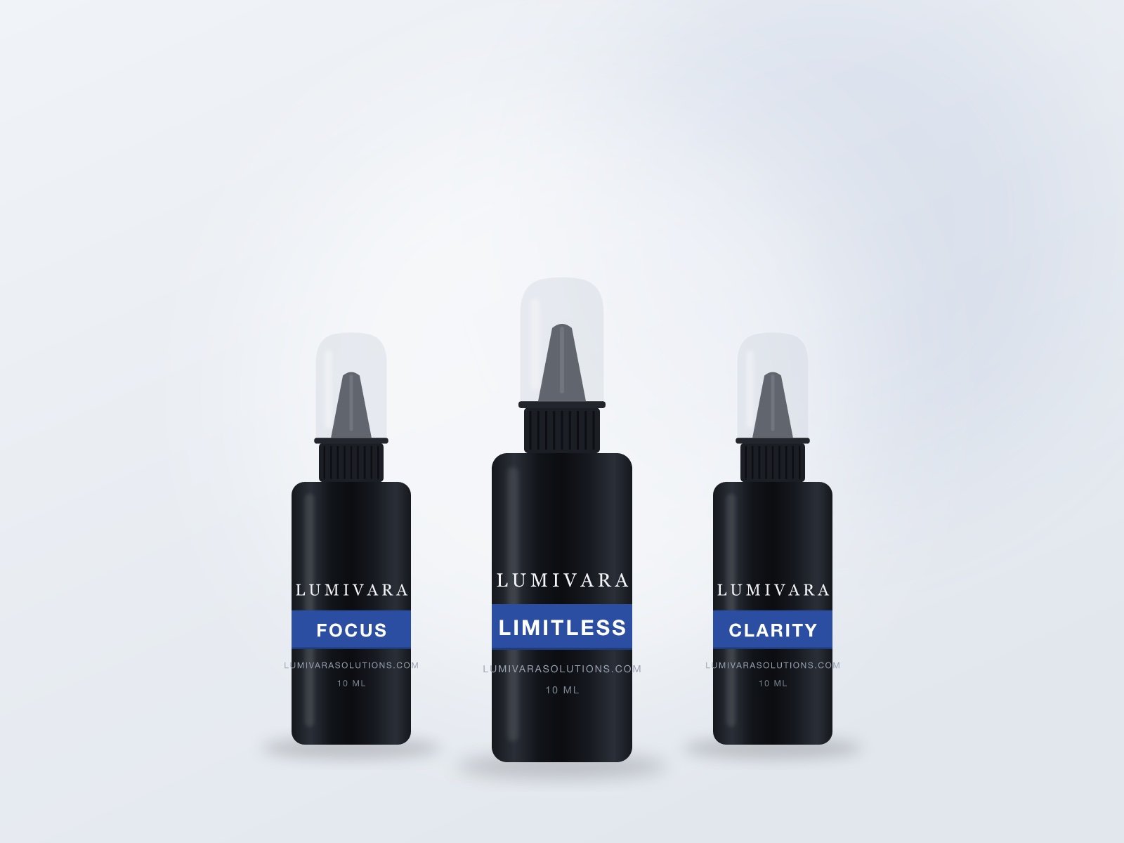 Three black Lumivara spray bottles on a cool gray background